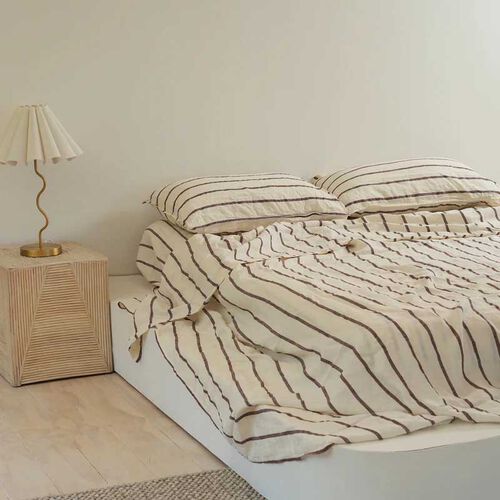 Home Lab 100% French Flax Linen Sheet Set Cocoa Stripe